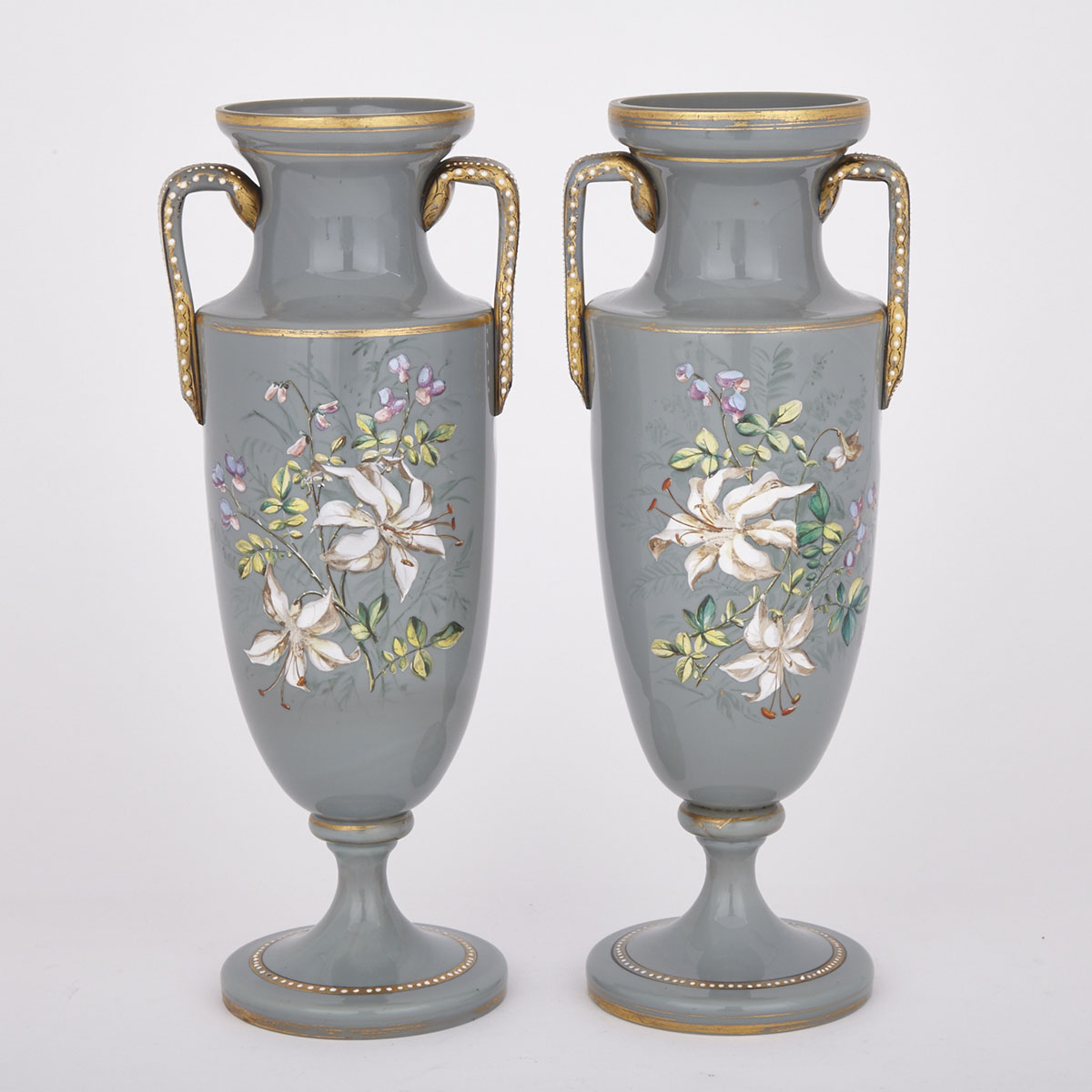 Pair of Continental Enameled and Gilt Grey Opaline Glass Two-Handled Vases, late 19th century