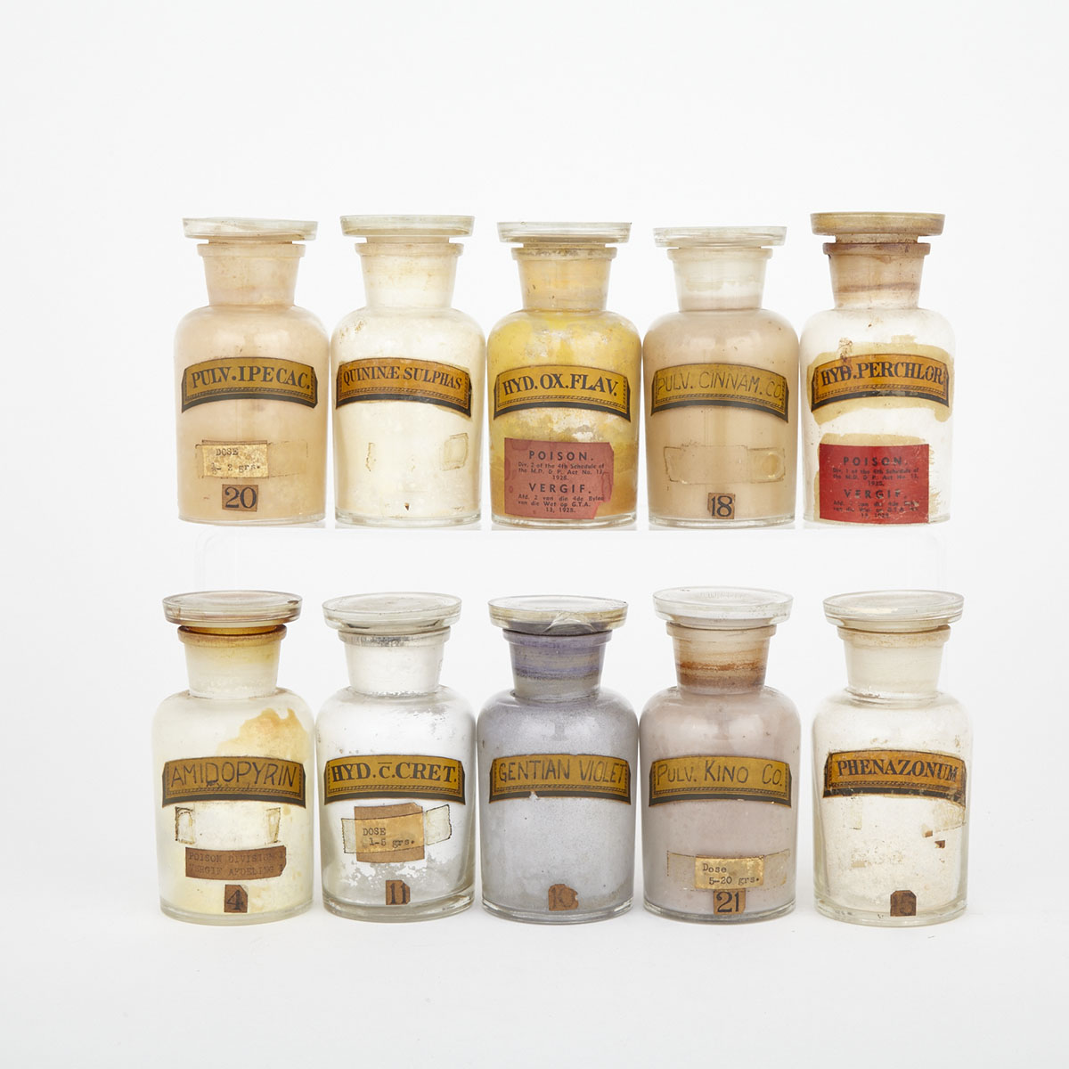 Set of Ten Glass Pharmaceutical Chemist’s Bottles, 19th/early 20th century