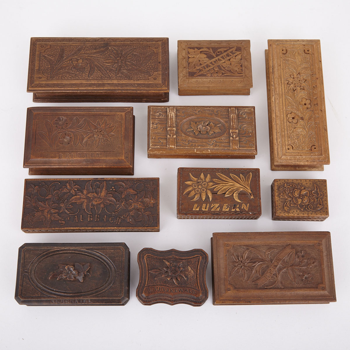 Collection of Eleven Swiss Black Forest Carved Stamp Boxes, 19th/early 20th centuries
