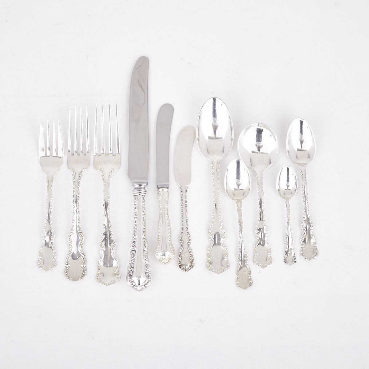 Canadian Silver ‘Louis XV’ Pattern Assembled Flatware, Henry Birks & Sons, Montreal, Que., J.E. Ellis & Co. and Roden Bros., Toronto, Ont., 20th century