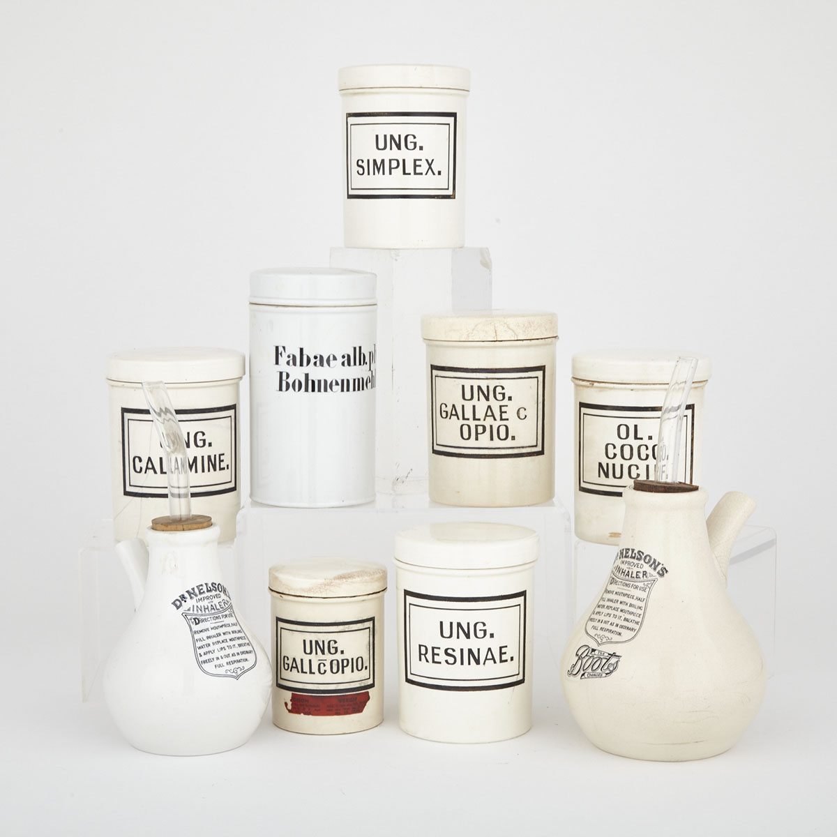 Six English Stoneware Apothecary Jars and Two Inhalers, 19th century