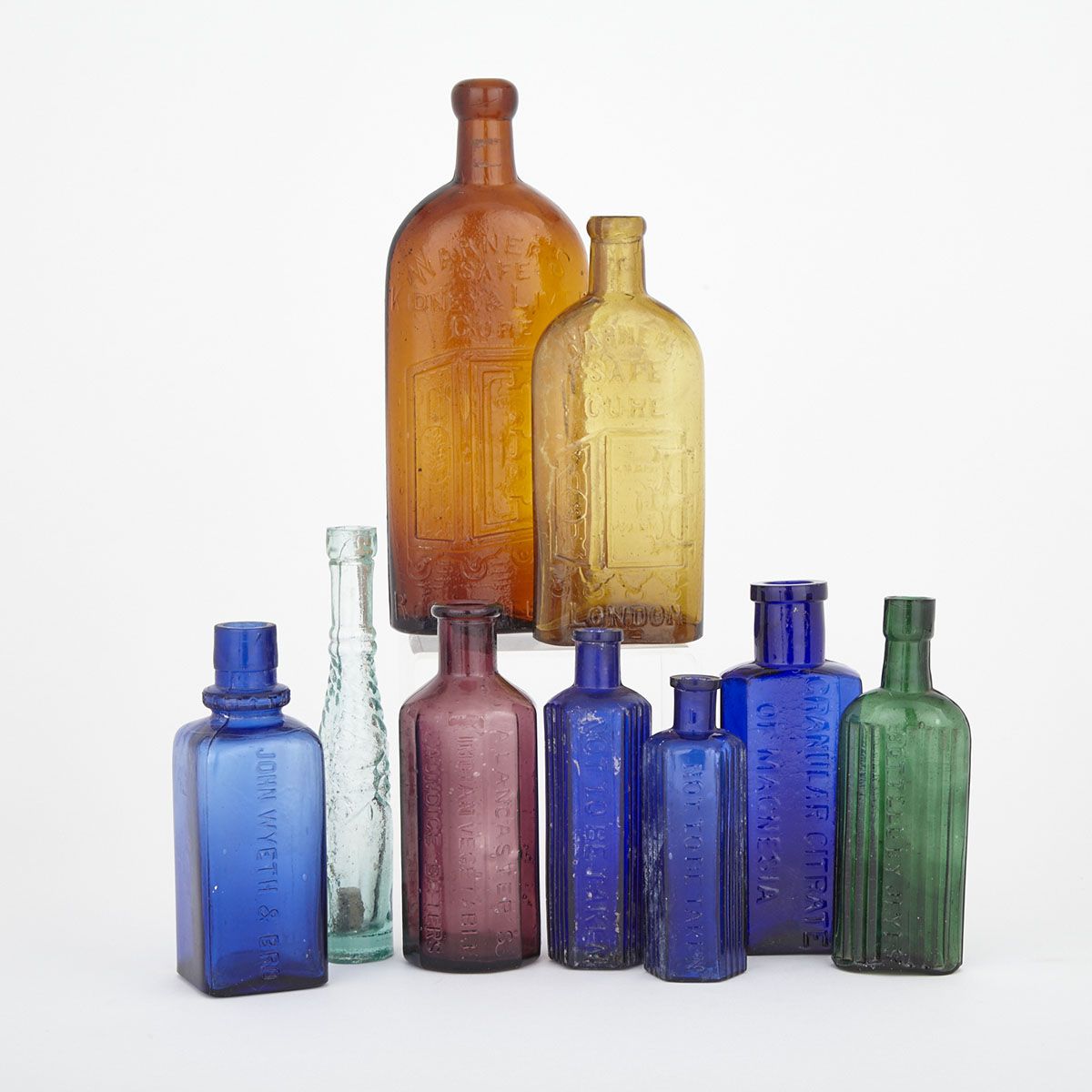 Nine Coloured Glass Medicine Bottles, 19th century
