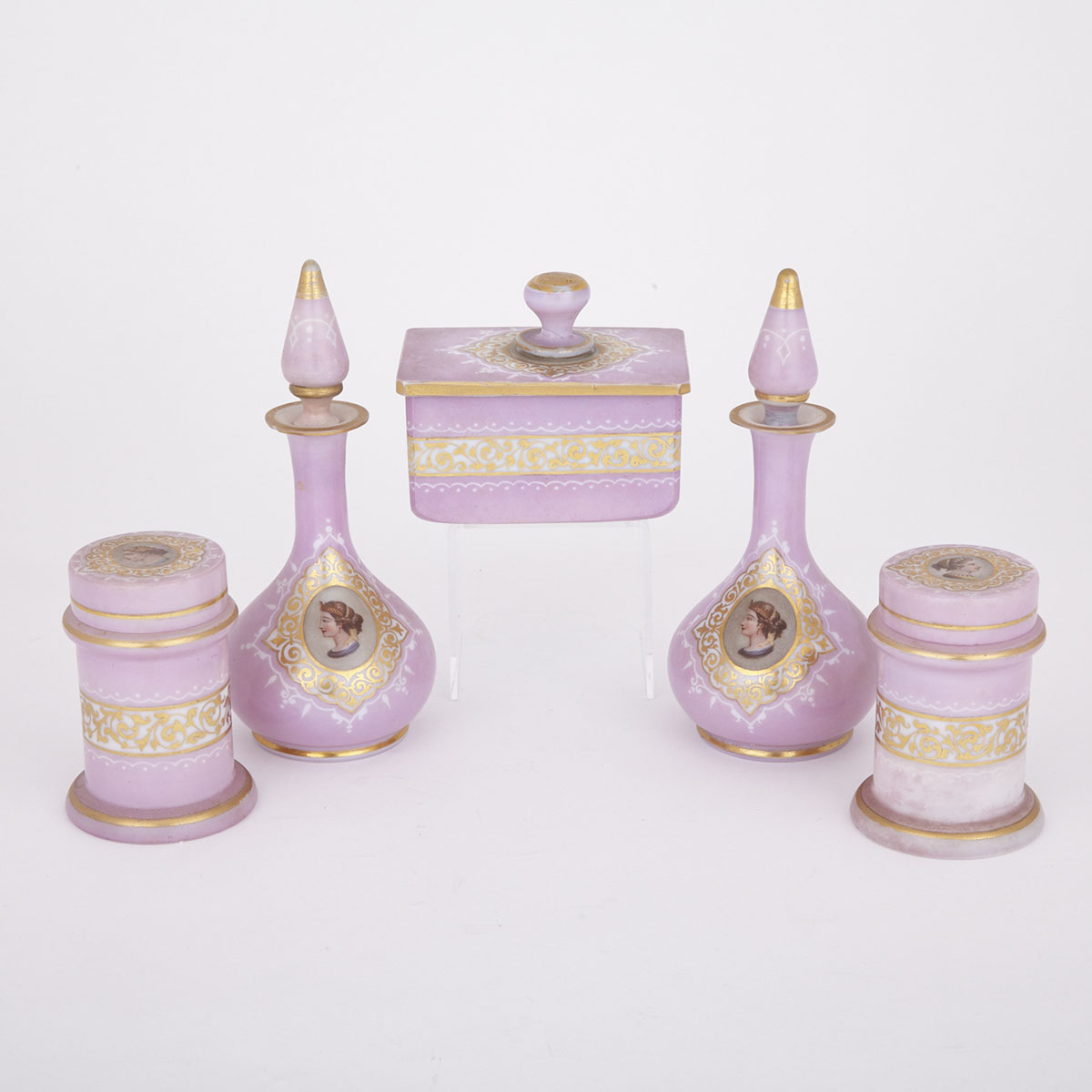 French Enameled and Gilt Pink Ground Opaque White Glass Dressing Table Set, late 19th century