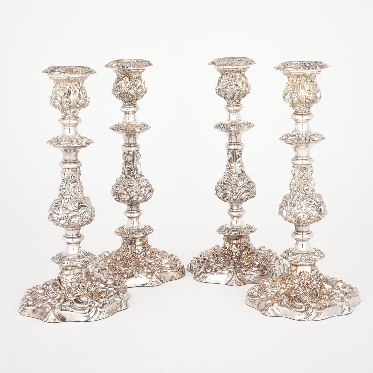 Set of Four English Silver Plated Table Candlesticks, Barker-Ellis, 20th century