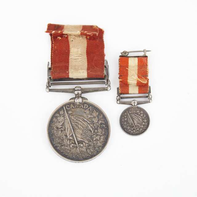 Canadian SIlver General Service Medal and Miniature with Fenian Raid 1886 Bars to Ensign G. N. Babbitt, Victoria Regiment, 1899