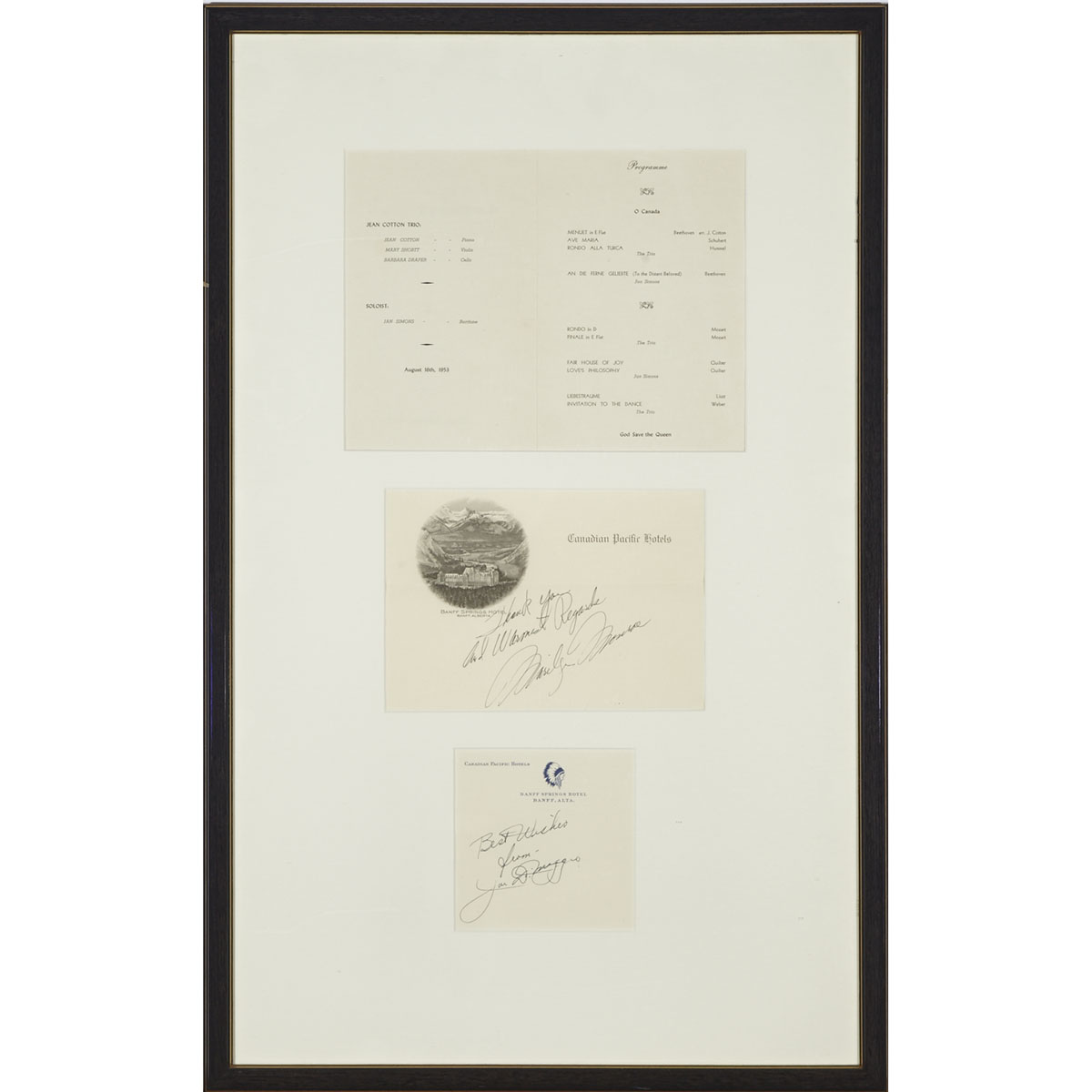 Marilyn Monroe and Joe Di Maggio Autographs collected at Banff Spings Hotel, Alberta, August 16, 1953
