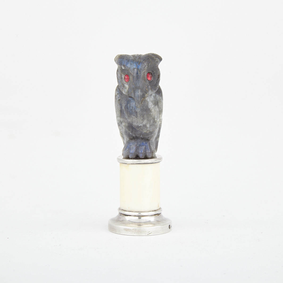 Austrian Silver Mounted Carved Labradorite and Ivory Owl Form Desk Seal, early 20th century
