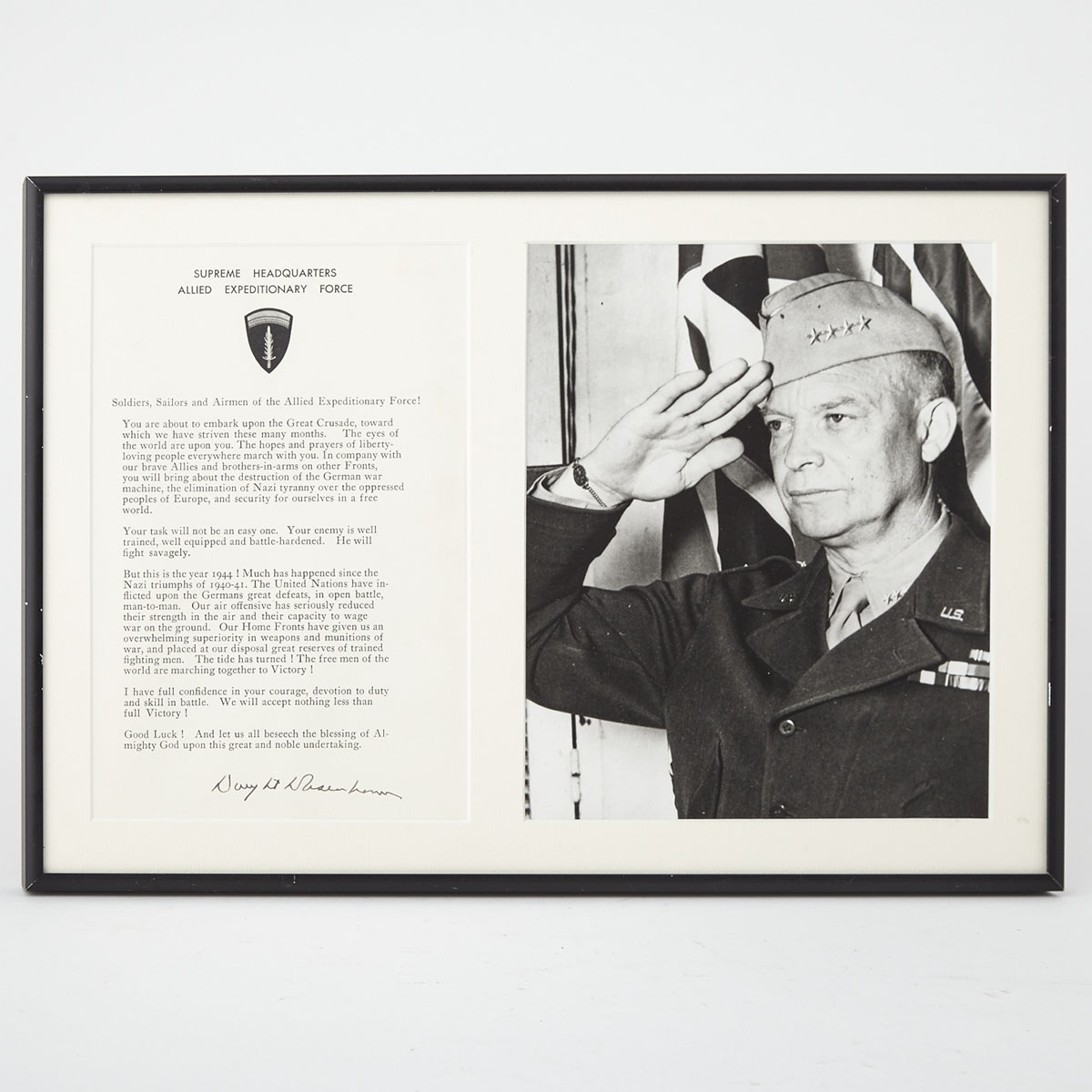 Dwight D. Eisenhower’s ‘Order of the Day’ Autographed D-Day Address to Soldiers, Sailors, and Airmen of the Allied Expeditionary Force, June 6, 1944