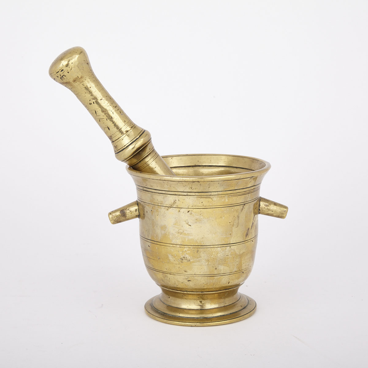 Ring Turned Brass Mortar and Pestle, 19th century or earlier