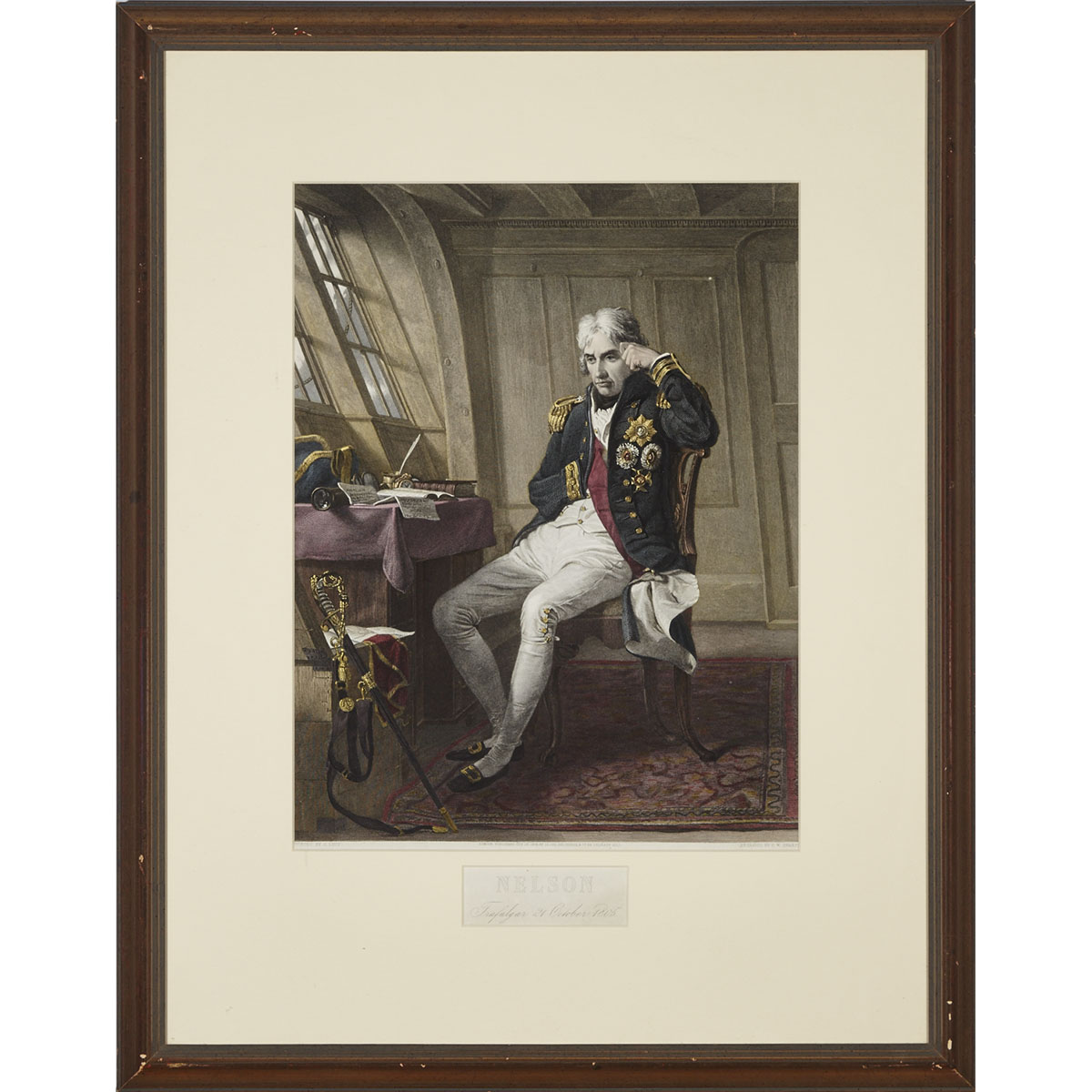 Hand Coloured Engraving of Admiral Lord Nelson in His Cabin Before the Battle of Trafalgar, 1854