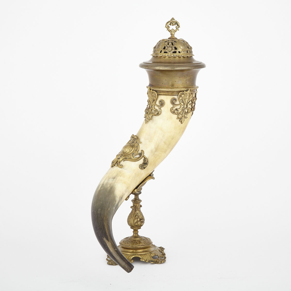 German Gilt Brass Mounted Covered  Horn Cup, Brandenburg, 19th century