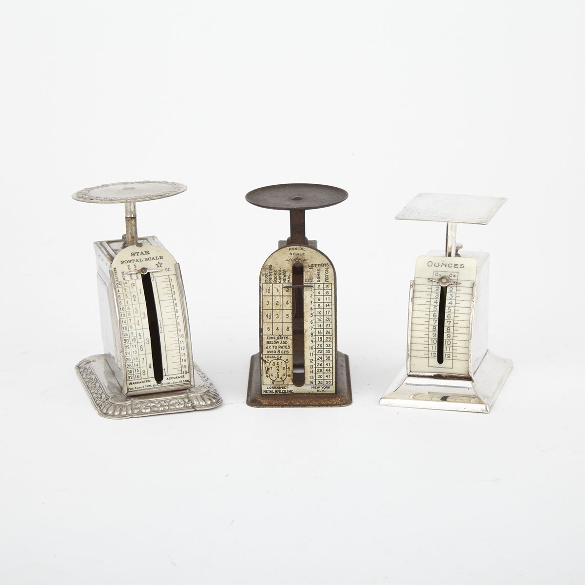 Three Small Desktop Metal Postal Scales, late 19th and early 20th centuries