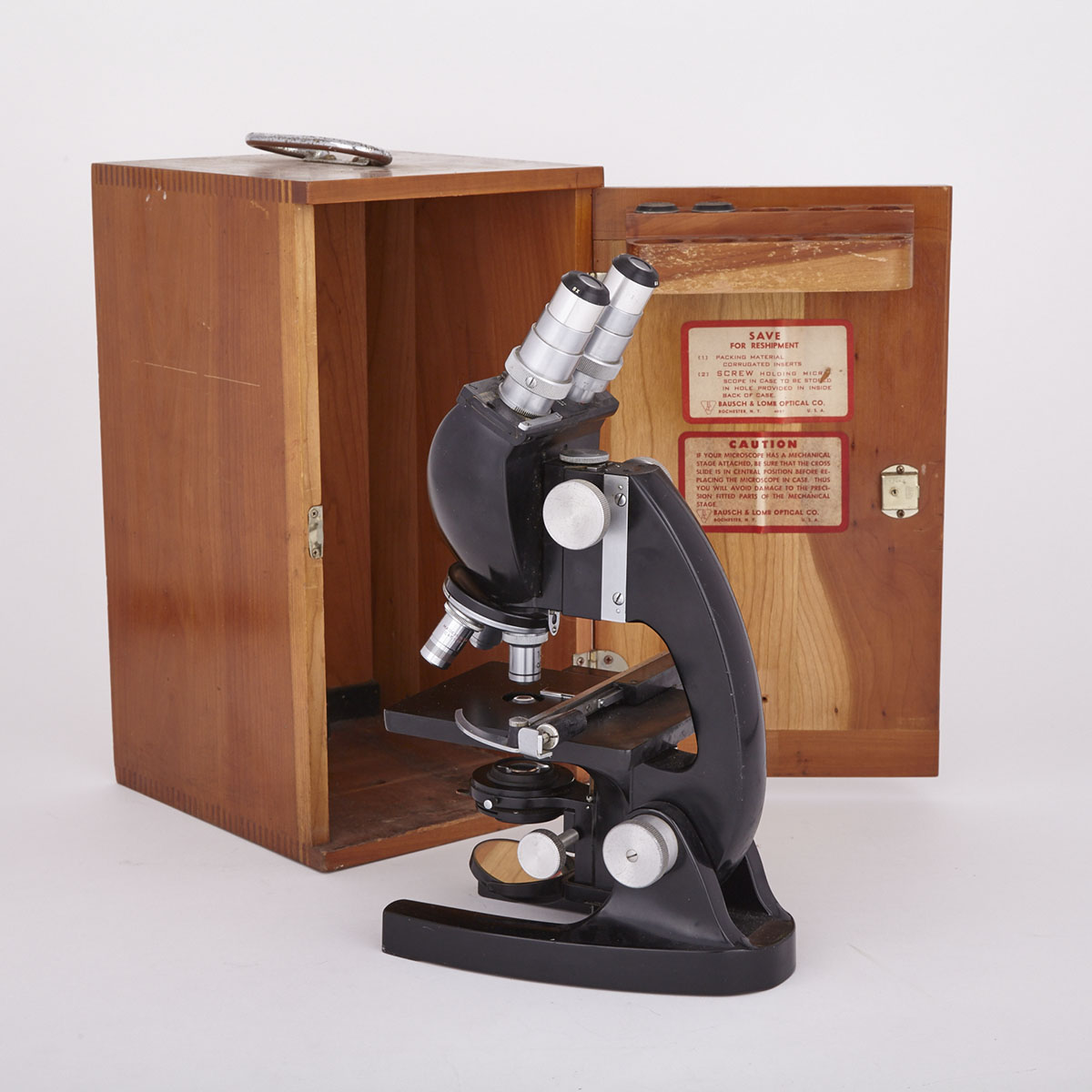 Bausch and Lomb Binocular Black Lacquered Microscope, 20th century
