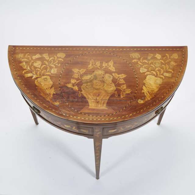 Dutch Walnut Marquetry Inlaid Demi Lune Games Table, early 19th century