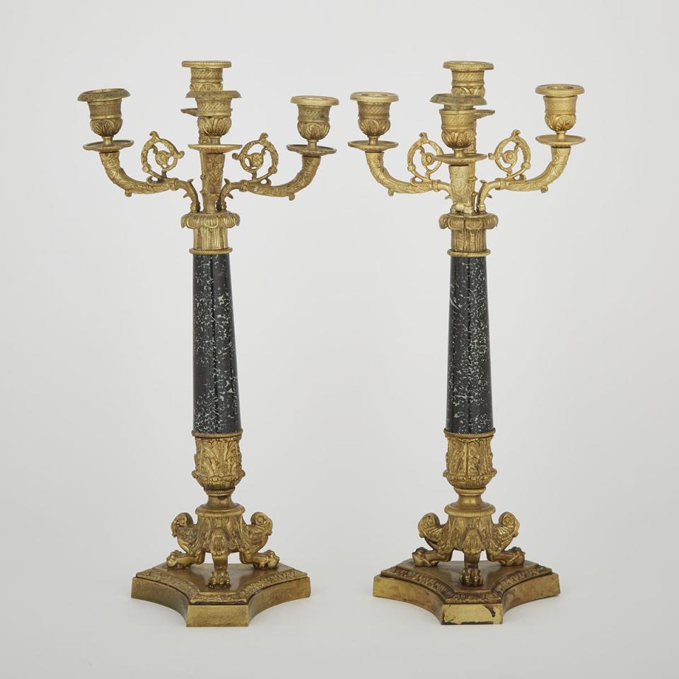Pair of Fench Empire Style Marble Mounted Gilt Bronze Candelabra, 19th century