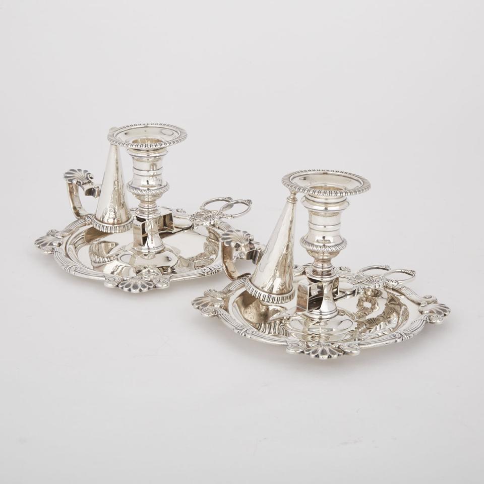 Pair of George III Silver Chamber Candlesticks with Snuffers and Extinguishers, Robert & Samuel Hennell and Samuel Hennell & John Terry, London, 1810/13