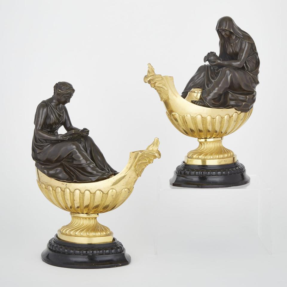 Pair of French Empire Bronze ‘Vestal’ and ‘Reading’ Etruscan Oil Lamp Form Mantle Garniture, c.1815