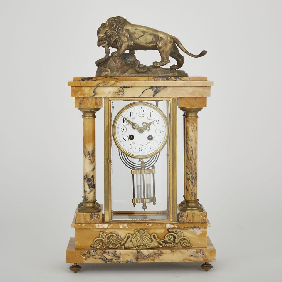 French Patinated Bronze and Sienna Marble Regulator Mantle Clock, c.1900