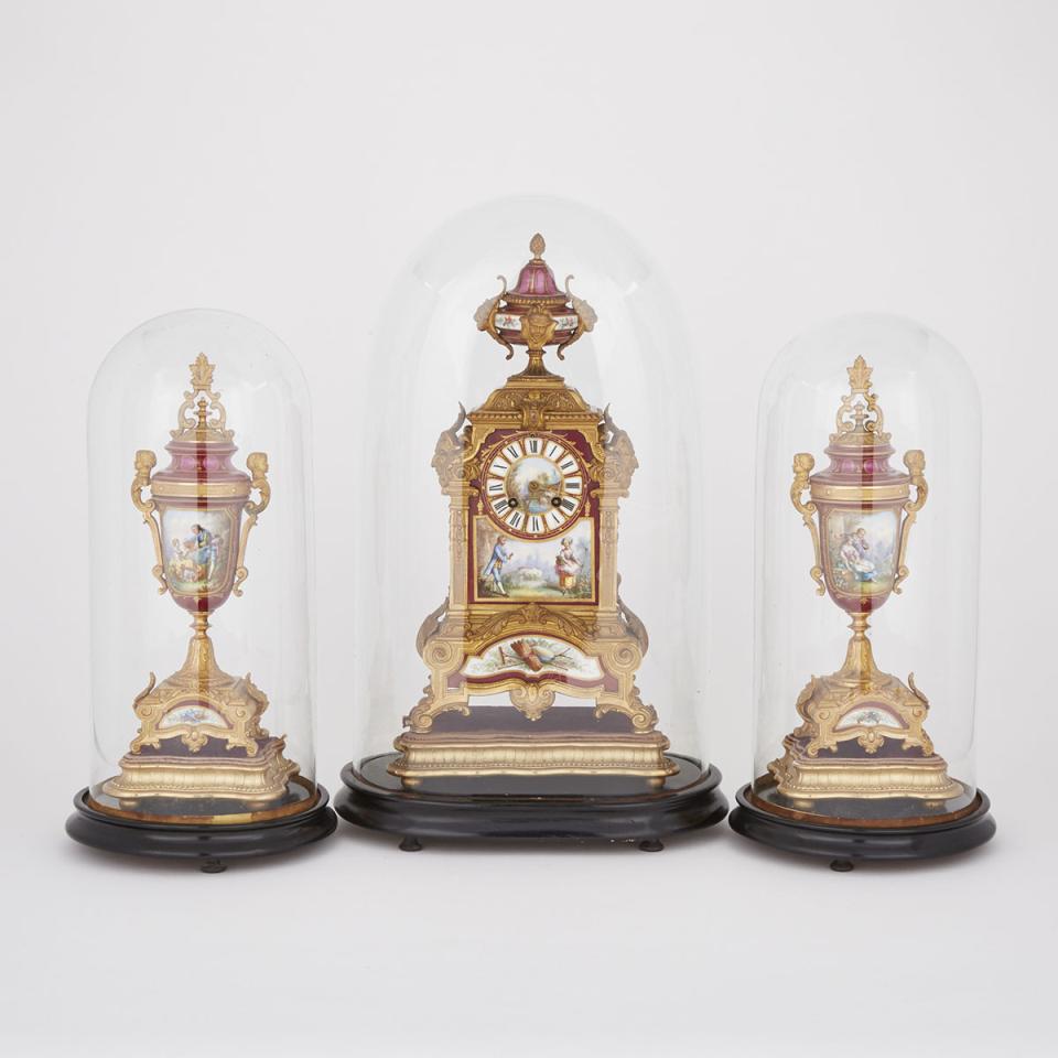 French Napoleon III Three Piece Sevres Style Porcelain Mounted Gilt Bronze Clock Garniture, c.1870