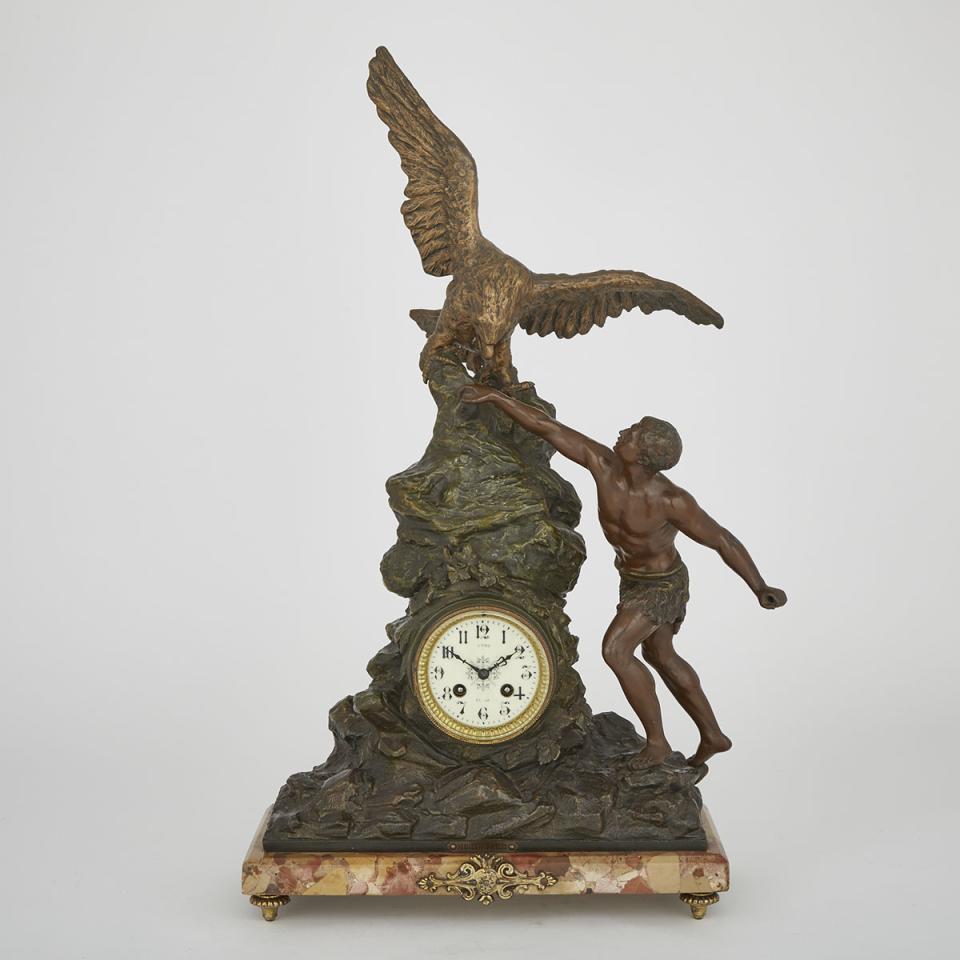 French Bronze Patinated White Metal Figural Mantle Clock, 19th century