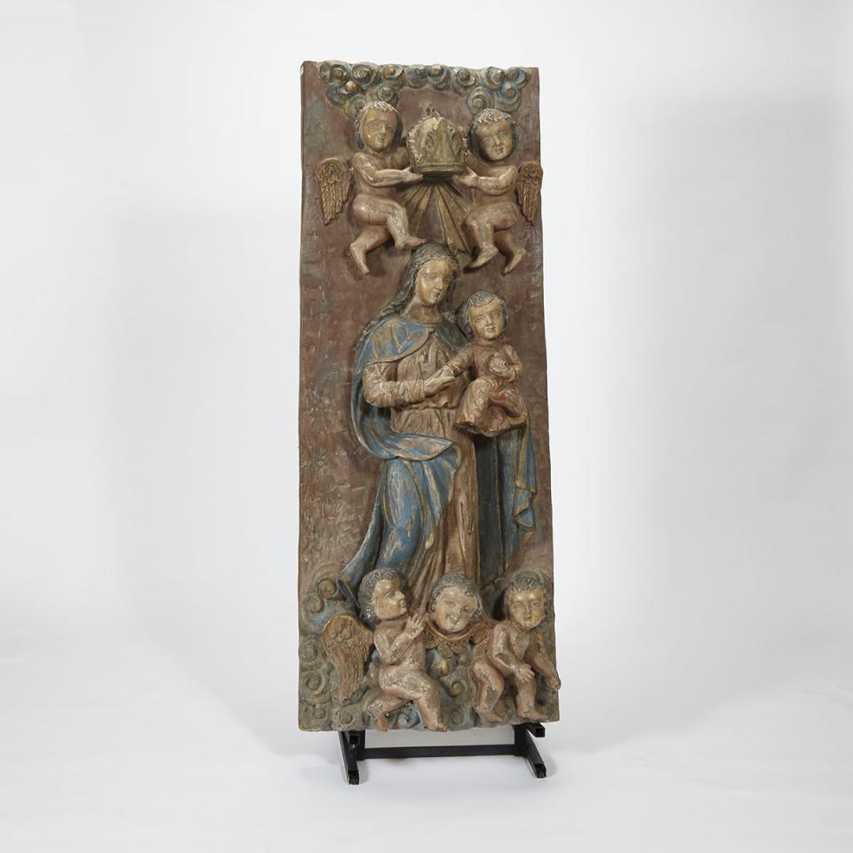 Spanish Colonial Carved, Polychromed and Parcel Gilt Panel of the Coronation of the Virgin, 18th/early 19th century
