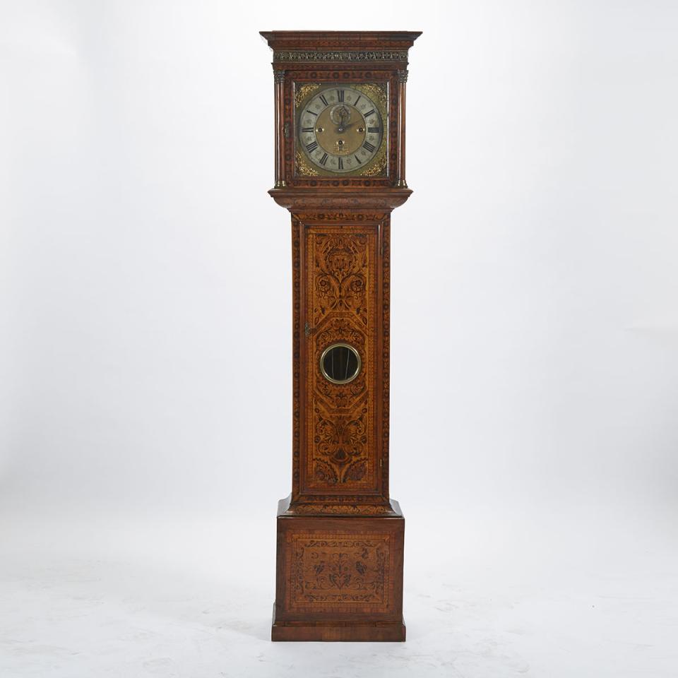 Queen Anne Seaweed Marquetry and Burl Walnut Quarter Chiming Tall Case Clock, London, early 18th century