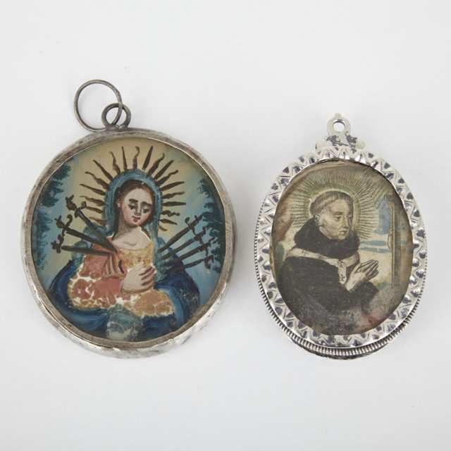 Two Spanish Provincial Silver and Reverse Painting on Glass Double Sided Pendent Icons, c.1860