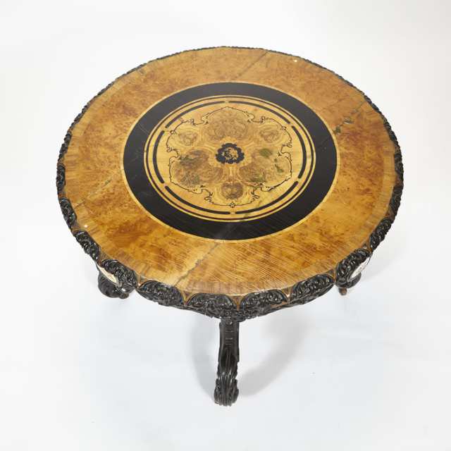 Victorian Porcelain Mounted Carved and Parcel Ebonized Burl Walnut Centre Hall Pedestal Table, mid 19th century