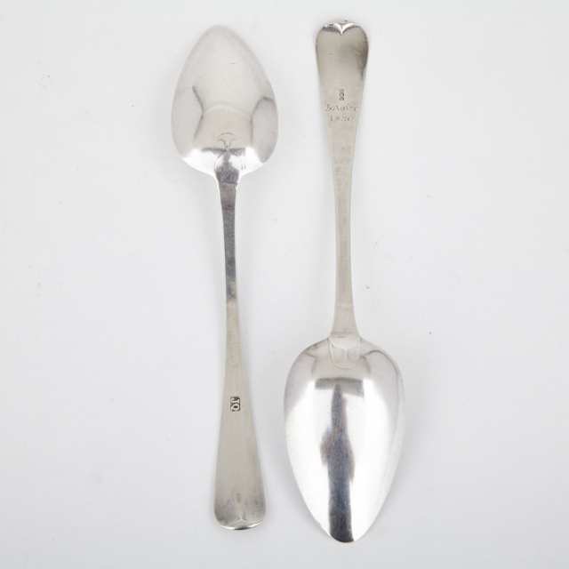 Two Channel Islands Silver Bright-Cut Old English Pattern Table Spoons, Jacques Quesnel and Charles William Quesnel, Jersey, early 19th century