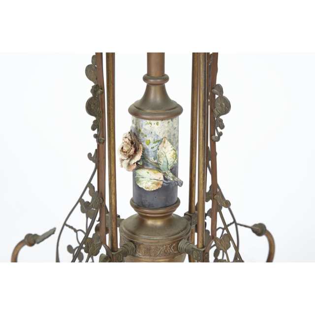 Late Victorian Porcelain Mounted Gilt Metal Floor Lamp, Late 19th century