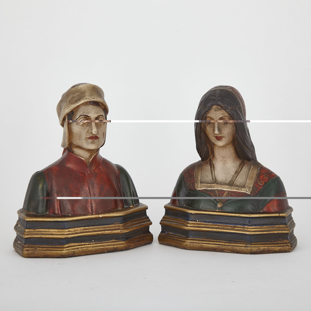 Pair of Polychromed Plaster Bust Form Bookends Modelled as Dante and Beatrice, early/mid 20th century