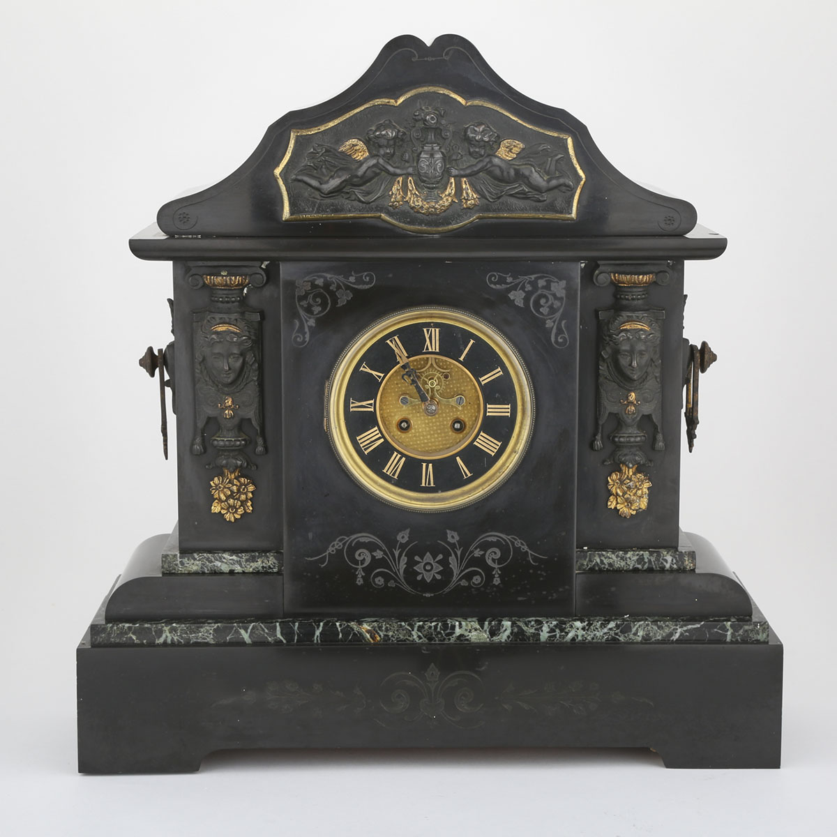 Large French Neo Grec Belgian Black Marble Mantle Clock, c.1880