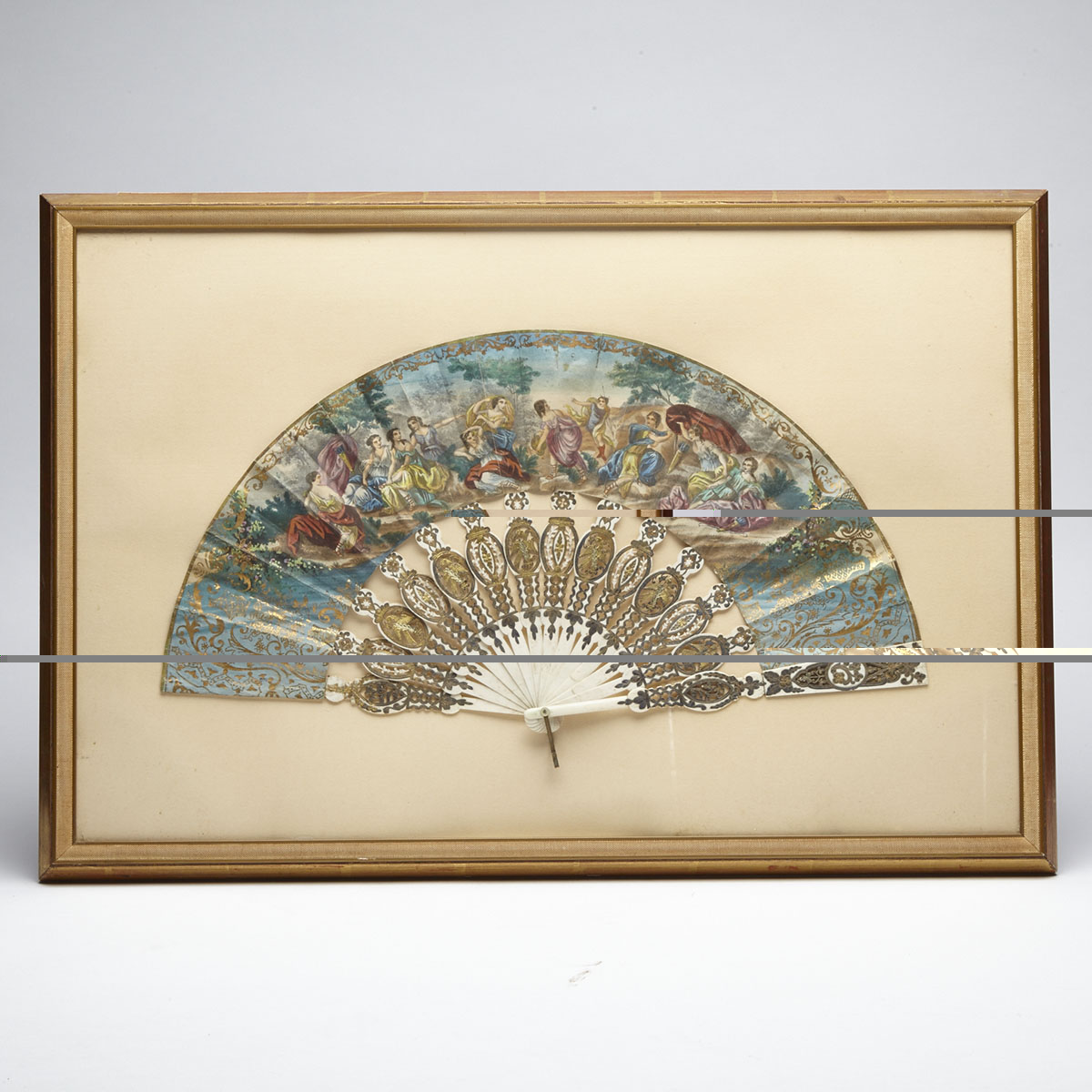 French Parcel Gilt and Painted Pierced Bone Fan, 19th century