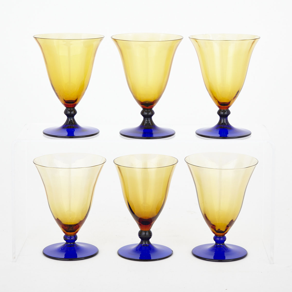 Six Steuben Blue and Amber Drinking Glasses, early 20th century