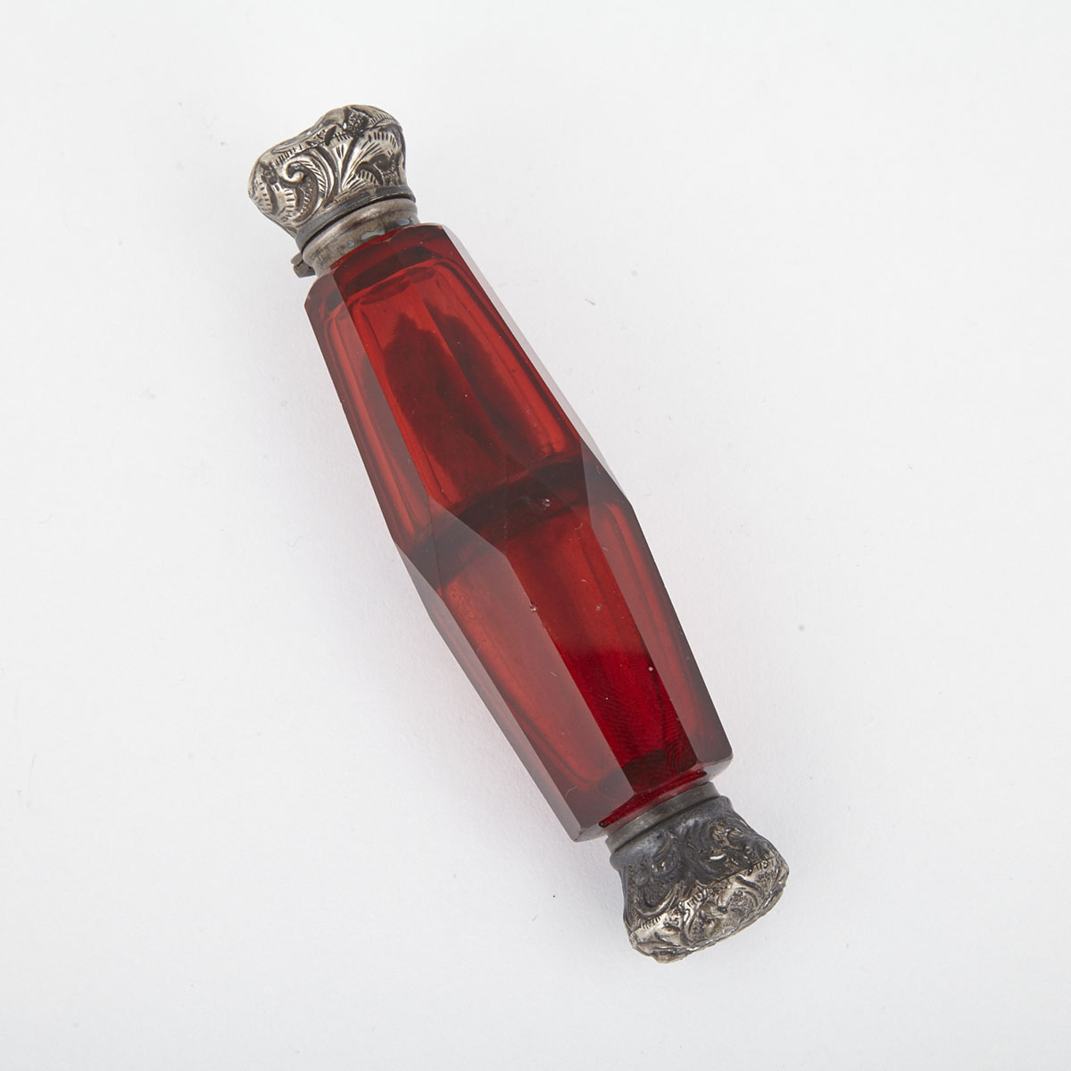 Silver Mounted Cut Cranberry Glass Double Ended Perfume Phial, mid-19th century