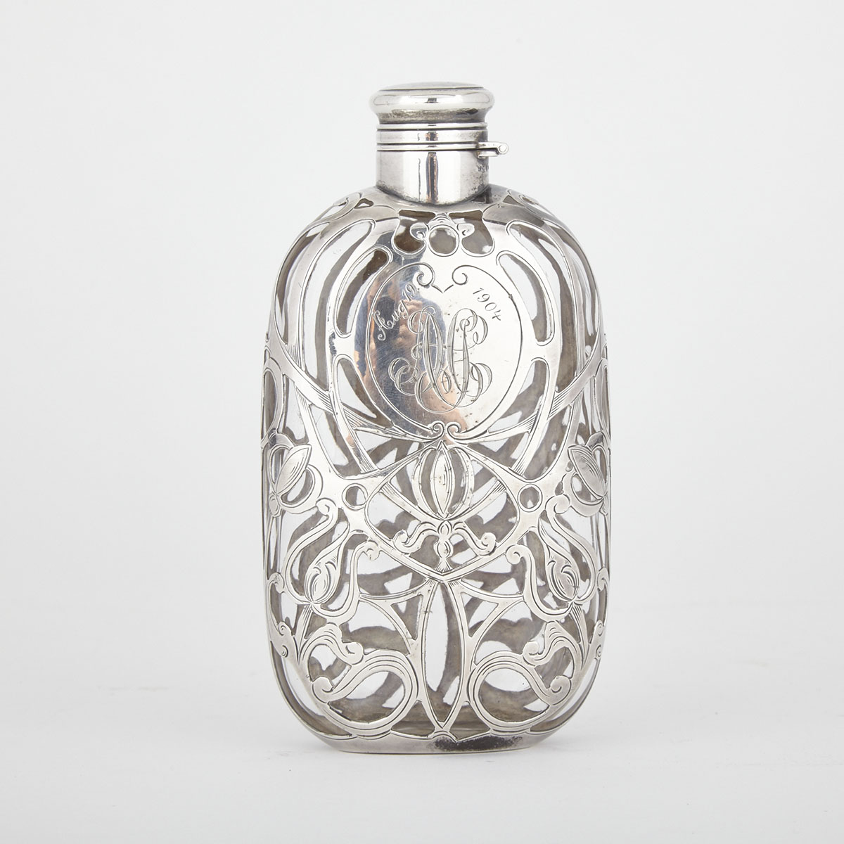 American Silver Overlaid Glass Spirit Flask, Gorham Mfg. Co., Providence, R.I., c.1900