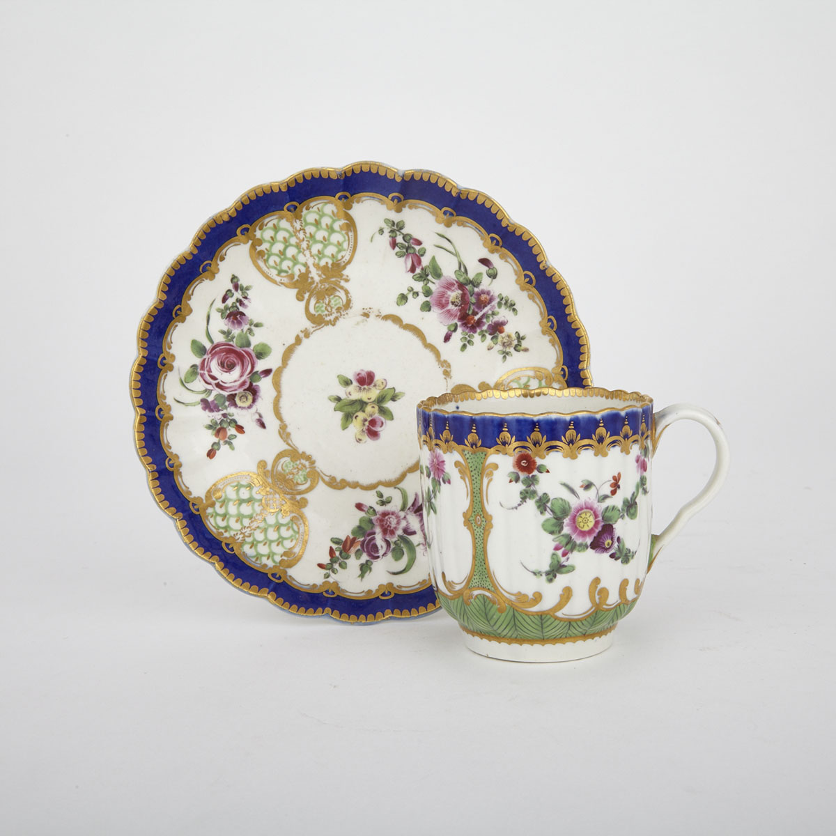Worcester Fluted Coffee Cup and a Saucer, c.1770