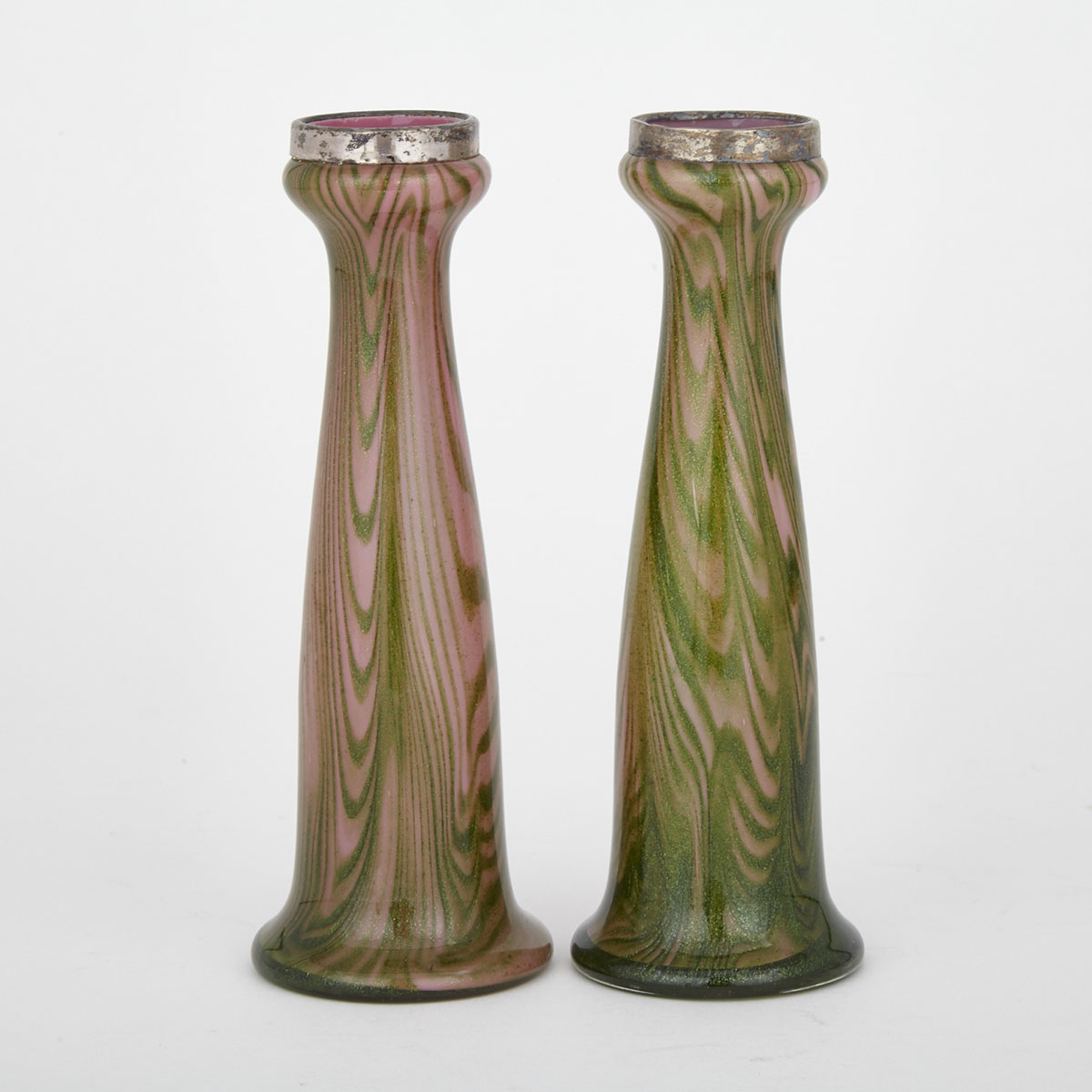 Pair of English Silver Mounted Bohemian Cased Glass Vases, 1920s