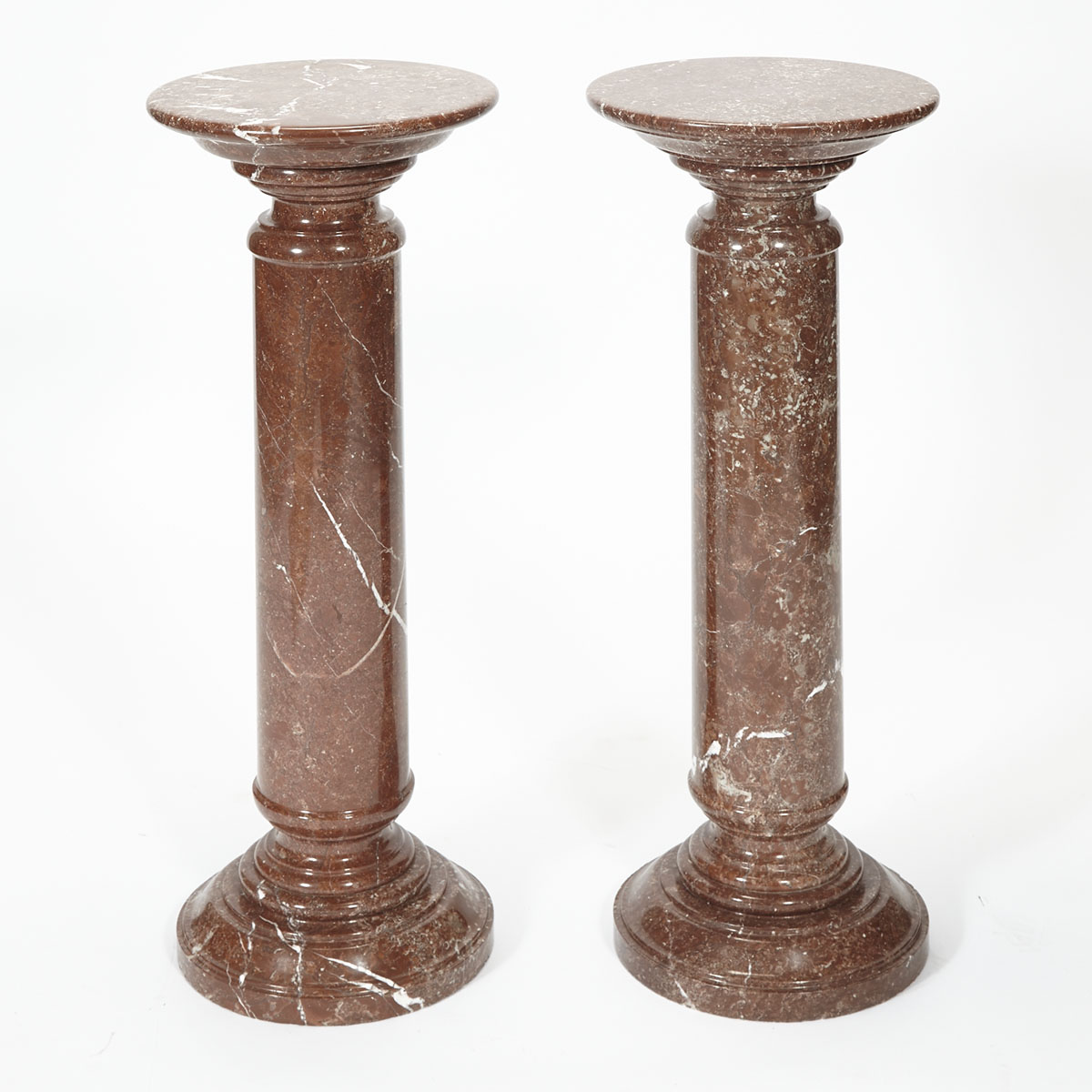 Pair of Turned Red Marble Column Form Pedestals, 20th century