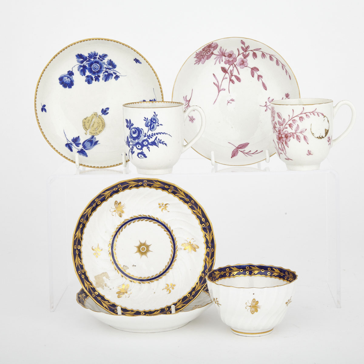 Two Worcester Coffee Cups and Saucers, Fluted Blue and Gilt Tea Bowl and Two Saucers, c.1770-90