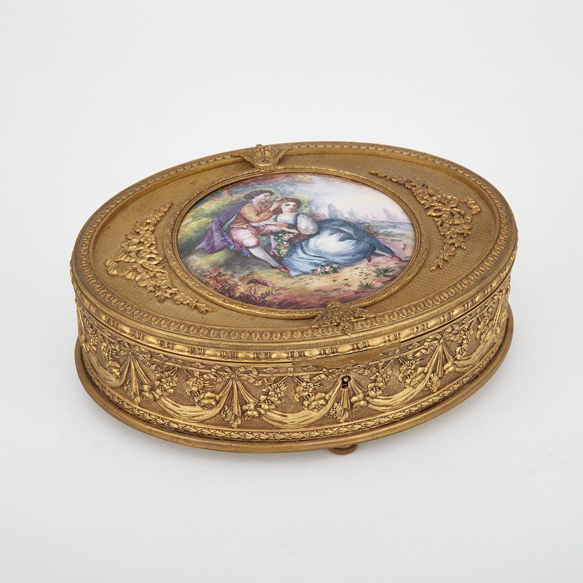 Large French Oval Porcelain Mounted Gilt Metal Jewellery Casket, early 20th century