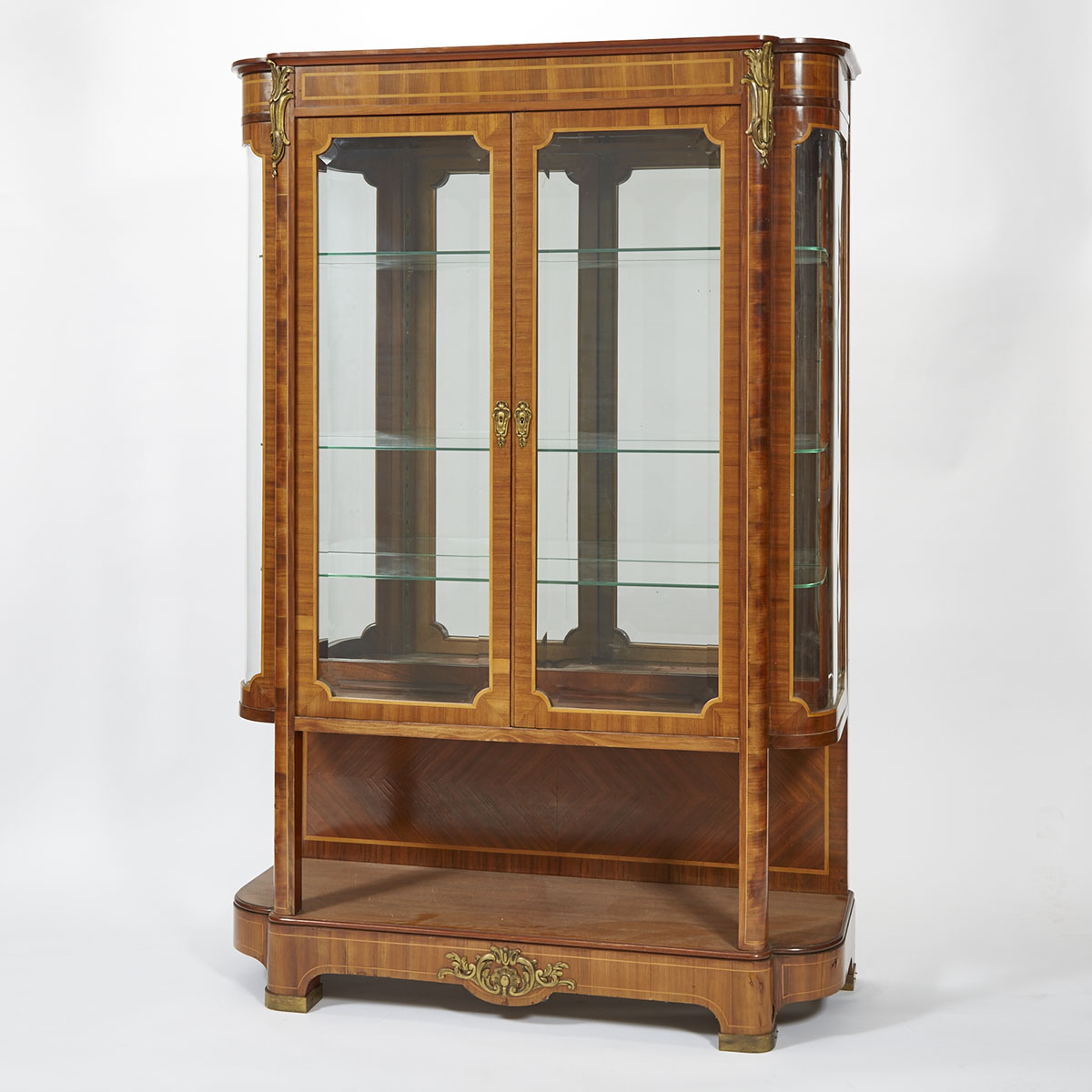 French Ormolu Mounted Satinwood Strung Mahogany Vitrine Cabinet on  Stand early 20th century