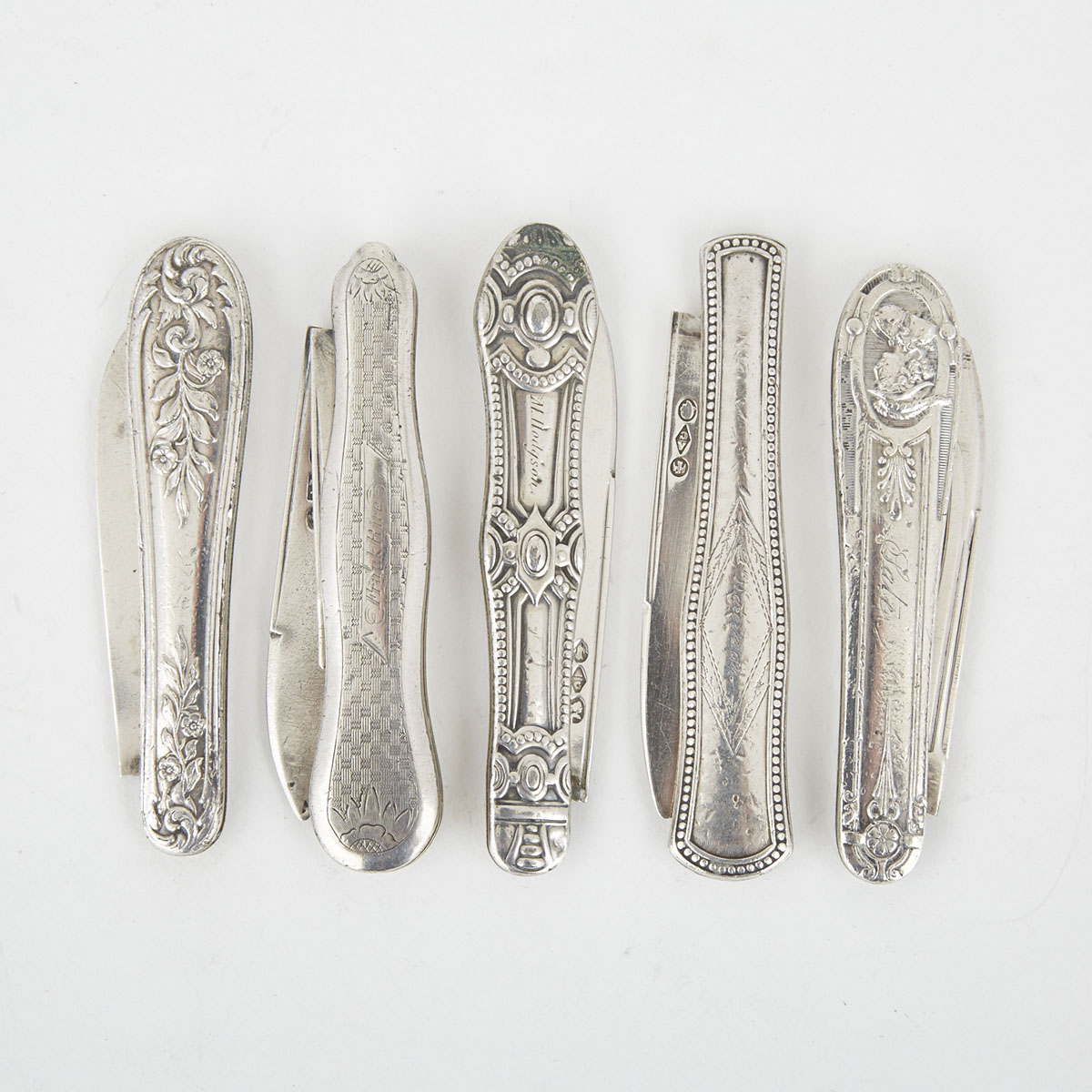 Five American Silver Pocket Knives, late 19th century