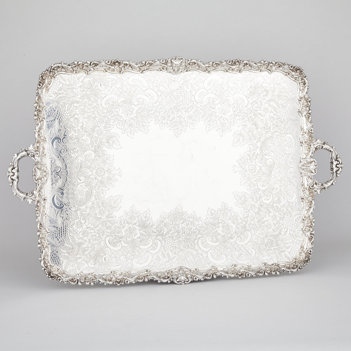 English Silver Plated Two-Handled Rectangular Serving Tray, Barker-Ellis Silver Co., 20th century