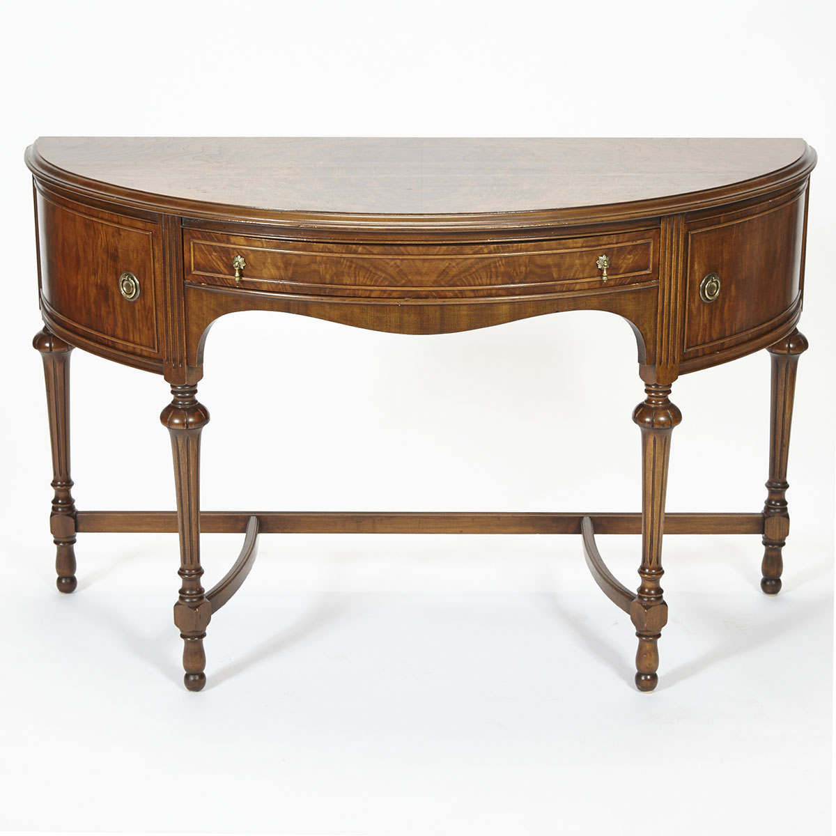 William and Mary Style Figured Walnut Demi Lune Cabinet Console, Flint and Horner Co., NY, c.1920