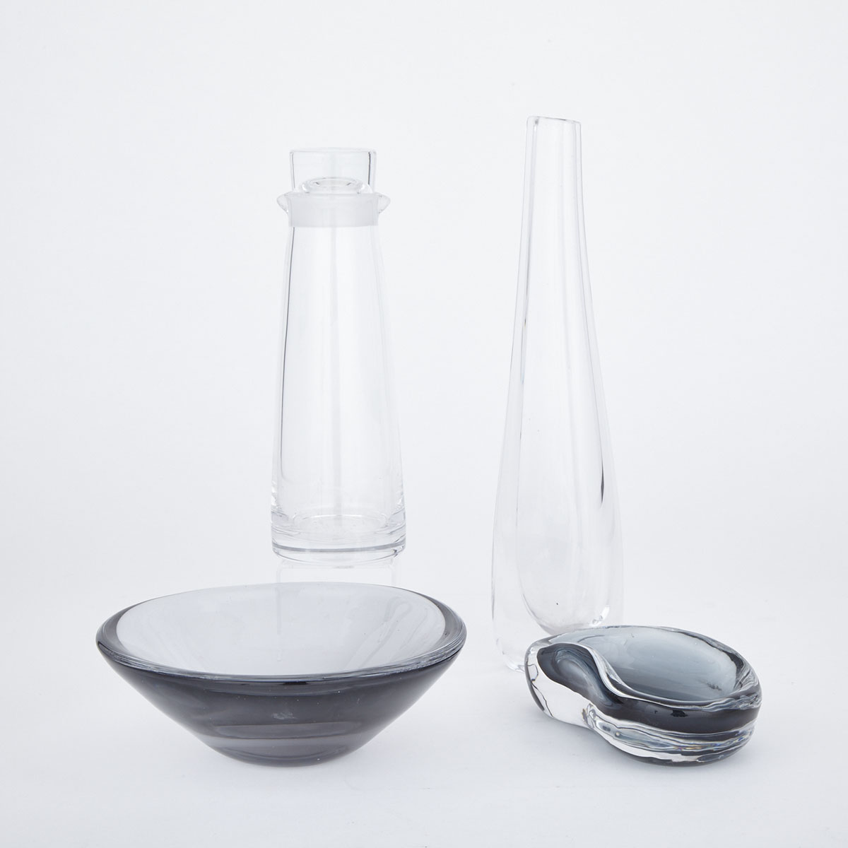 Orrefors Glass Cocktail Shaker, Vase and Two Bowls, 20th century