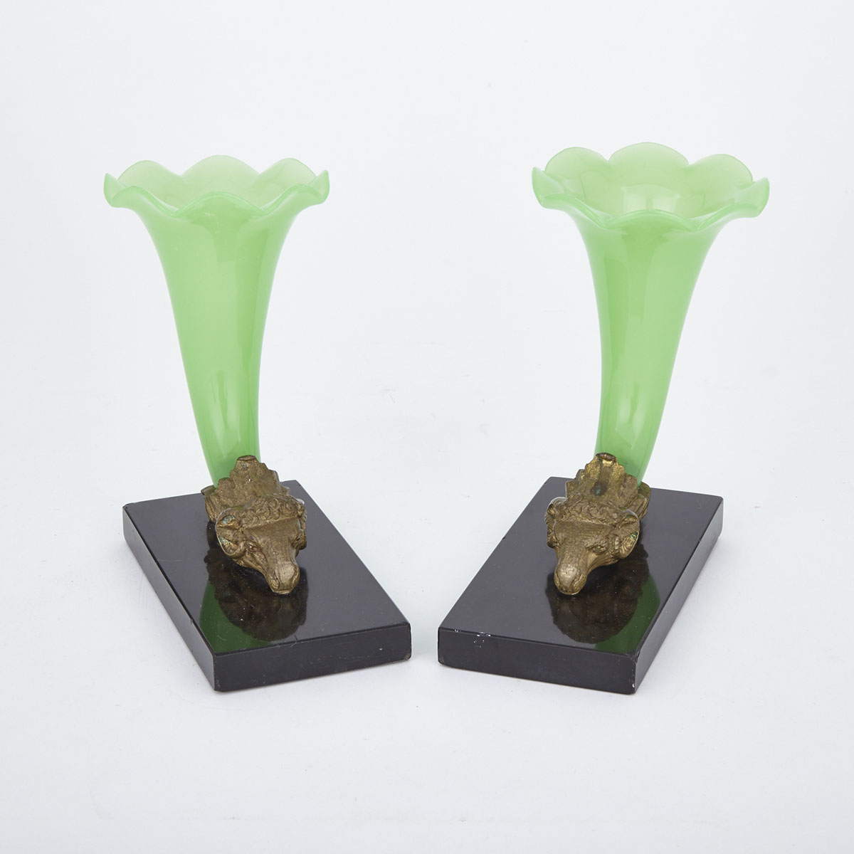 Pair of Victorian Ormolu Mounted Jade Green Glass Cornucopia and Ram’s Head Mantle Vases, mid 19th century