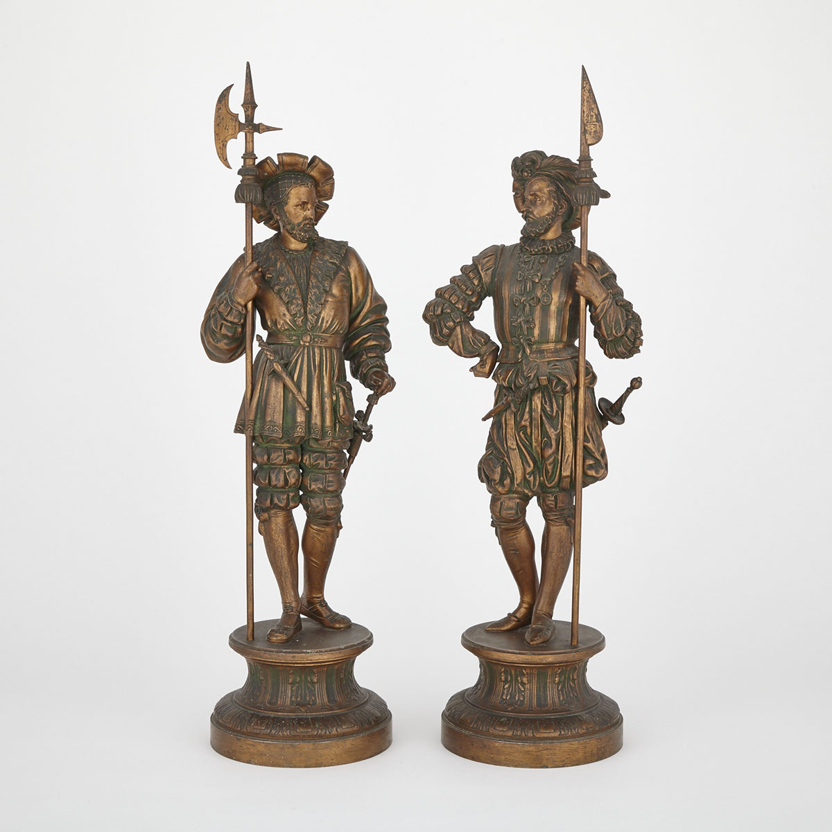Pair of Patinated White Metal Figures of Renaissance Halberdiers, late 19th/early 20th century