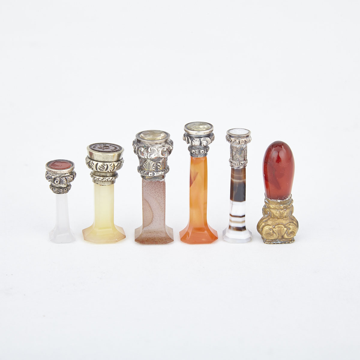 Six Victorian Miniature Agate handled Desk Seals, 19th