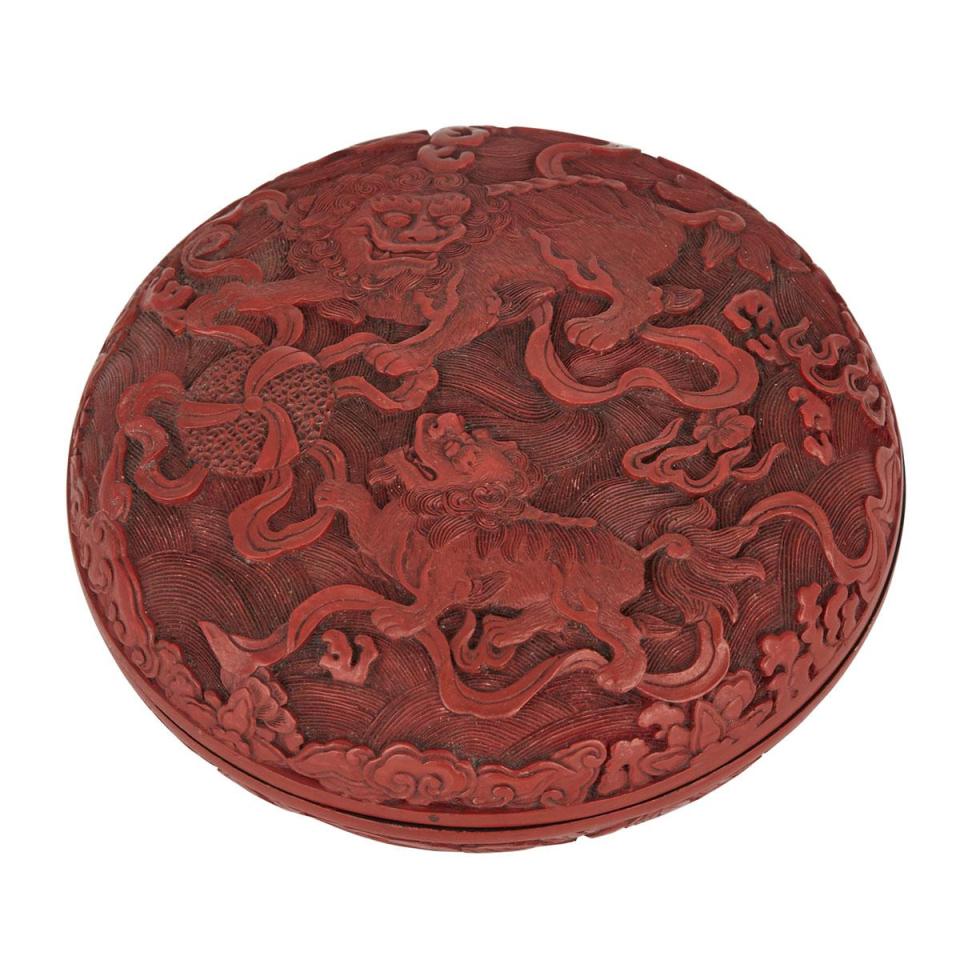ＡChinese ‘Lions and Qilin’ Circular Carved Cinnabar Lacquer Box, Qing dynasty